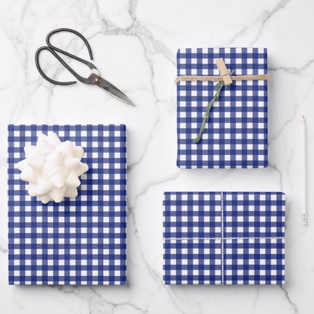 Blauer Gingham mit Schachbrettmuster im Stil Geschenkpapier Set (Vorderseite)