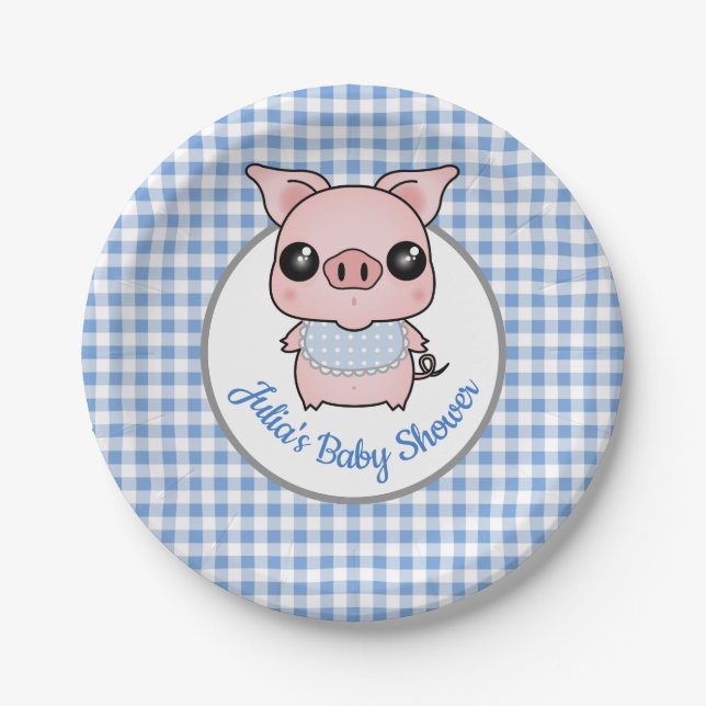 Blauer Gingham-Piggy Babyparty Pappteller (Vorderseite)