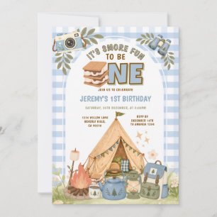 Blauer Gingham S'more Spaß, um einer zu sein Erste Einladung