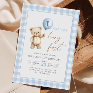 Blauer Gingham-Teddybär-Ballon-Junge 1. Geburtstag Einladung