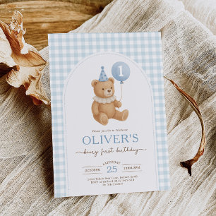 Blauer Gingham-Teddybär-Ballon-Junge 1. Geburtstag Einladung