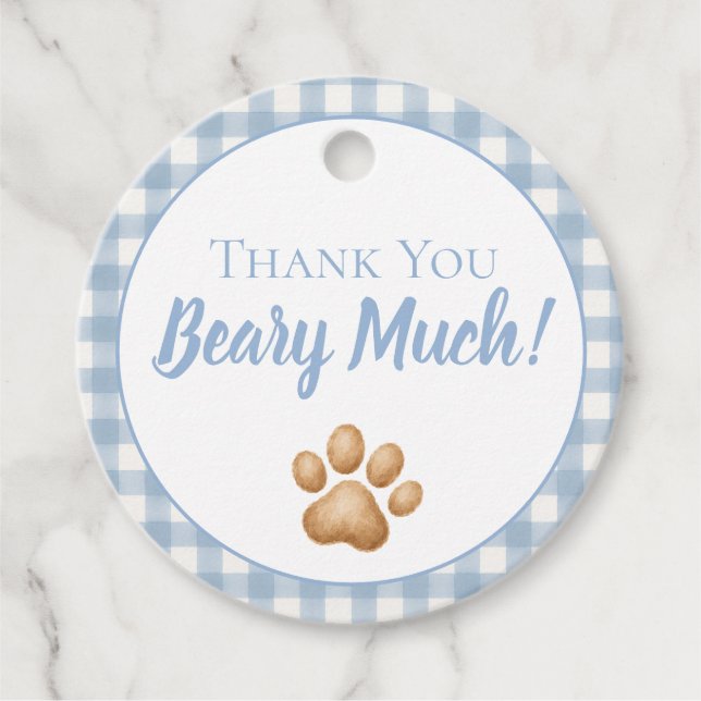 Blauer Gingham-Teddybär Geschenkanhänger (Vorderseite)