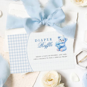 Blauer Gingham-Teddybär neutrale Babyparty Begleitkarte