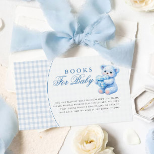 Blauer Gingham-Teddybär neutrale Babyparty Begleitkarte