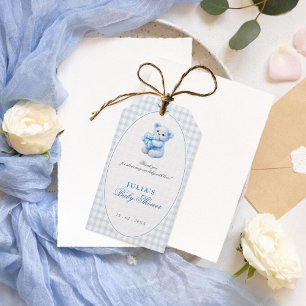 Blauer Gingham-Teddybär neutrale Babyparty Geschenkanhänger
