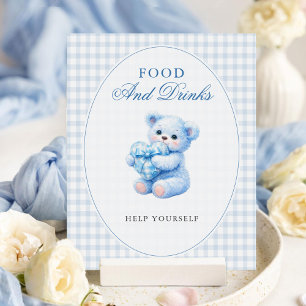 Blauer Gingham-Teddybär neutrale Babyparty Poster
