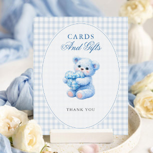 Blauer Gingham-Teddybär neutrale Babyparty Poster