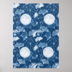 Blauer Ginkgo-Samenkopf-Mondlicht-Musterposter Poster