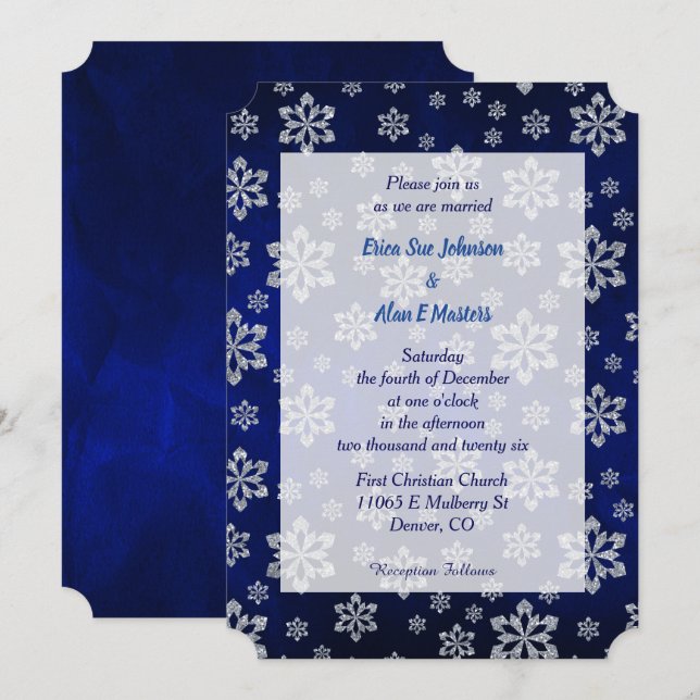 Blauer Glanz Silver Snowflake Hochzeit Einladung (Vorne/Hinten)