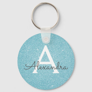 Blauer Glitter & Funkel Monogramm Schlüsselanhänger