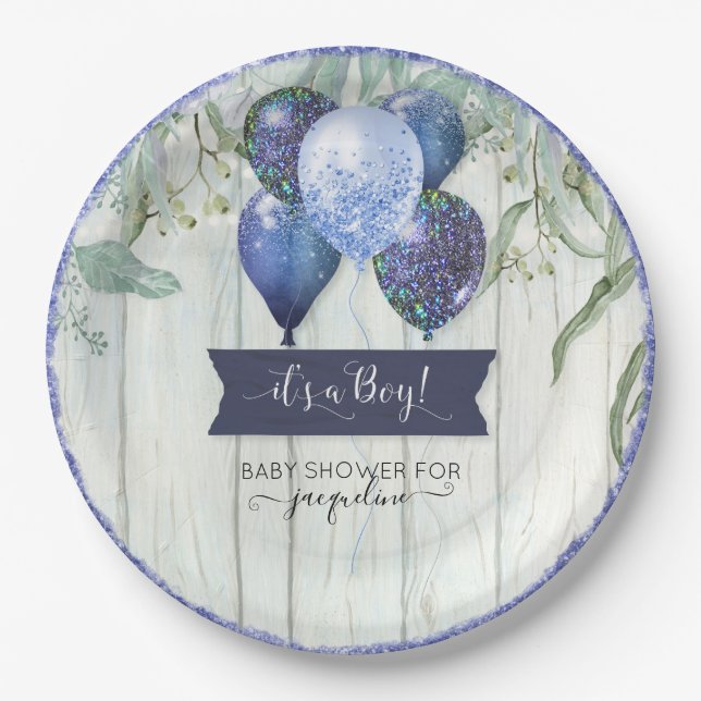 Blauer Glitzer Balloons Eucalyptus Baby Dusche Pappteller (Vorderseite)