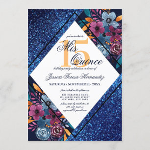 Blauer Glitzer Floral Mis Quince Einladung