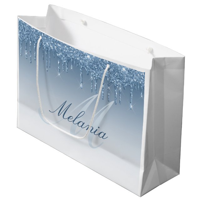 Blauer Glitzer Monogramm große Geschenktasche Geschenktüte (Vorderseite Schrägansicht)