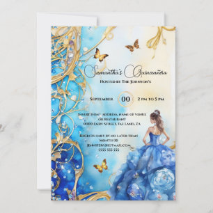 Blauer Glitzer Quinceañera Blütenschmetterling Einladung