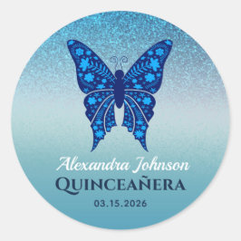 Blauer Glitzer Quinceañera Butterfly Runder Aufkleber