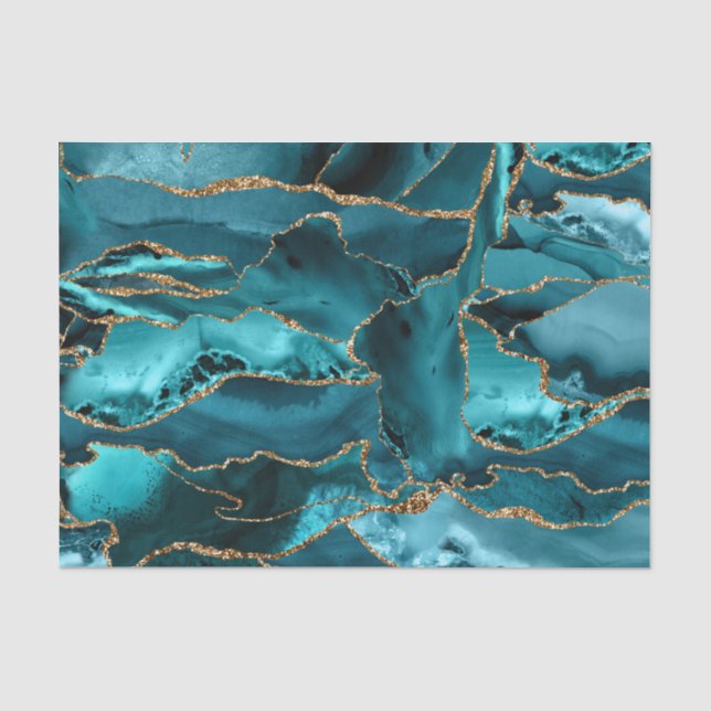 Blauer Glitzer und Goldagat abstrakt Seidenpapier (Vorderseite)