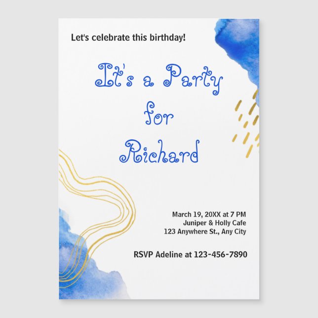 Blauer Glitzer und Goldgeburt Magneteinladung (Vorderseite)