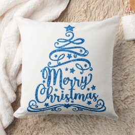 Blauer Glitzer und weißer froher Weihnachtsbaum Kissen