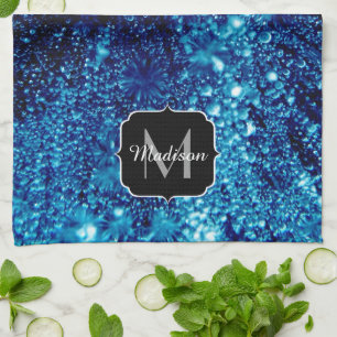 Blauer Glitzern Abstrakt gefrorene Blasen Monogram Geschirrtuch