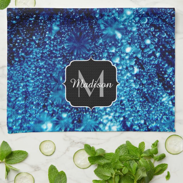 Blauer Glitzern Abstrakt gefrorene Blasen Monogram Geschirrtuch (Gefaltet)