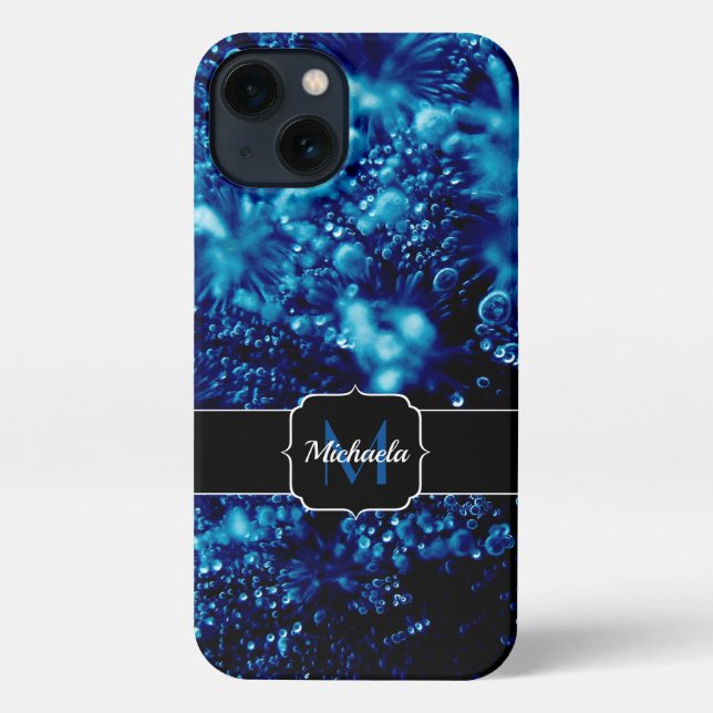 Blauer Glitzern Abstrakt gefrorene Blasen Monogram iPhone Hülle (Rückseite)
