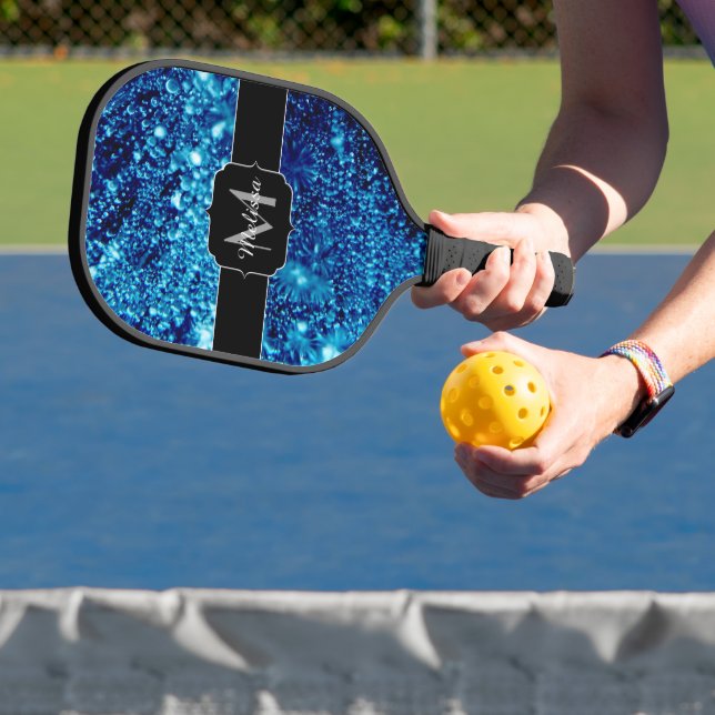 Blauer Glitzern Abstrakt gefrorene Blasen Monogram Pickleball Schläger (InSitu)