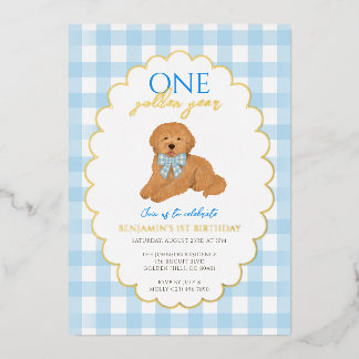 Blauer Goldendoodle-Welpen-Hund-Pawty 1. Geburtsta Folieneinladung