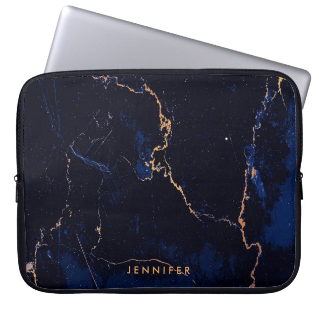 Blauer goldener Marmor Laptopschutzhülle (Vorderseite)