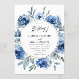 Blauer goldfarbener Blumenkranz Einladung