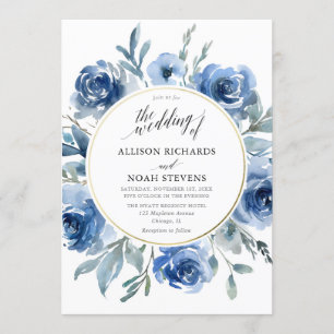Blauer goldfarbener Blumenkranz Einladung