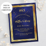 Blauer Goldkonfetti Jahr Geburtstag Einladung<br><div class="desc">Ein dunkelblauer,  marineblauer Hintergrund. Die blaue Farbe ist ungleichmäßig. Mit einem goldenen Rahmen und goldenen Konfetti-Imitat sprinkle,  goldfarbene Buchstaben. Personalisieren Sie das Geburtsjahr,  den Namen,  das Party und die Angaben.</div>