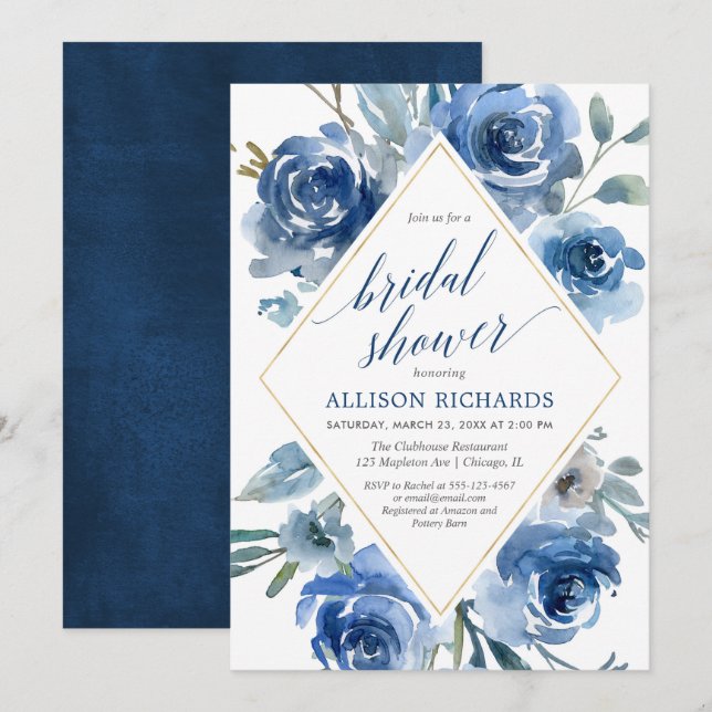 Blauer Goldpegel Aquarell elegantes Brautparty Einladung (Vorne/Hinten)