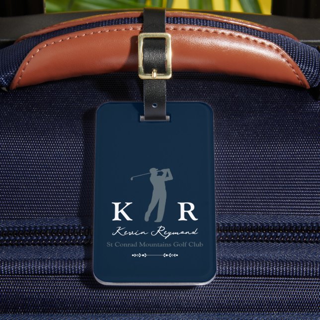 Blauer Golfspieler mit Initialen  Gepäckanhänger (Vorderseite Insitu 2)