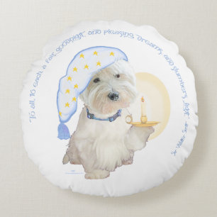 Blauer Goodnight Westie mit Kerze Rundes Kissen