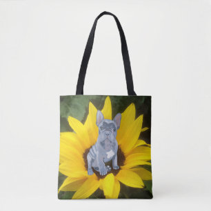 Blauer Grauer Bulldog Welpe und Sonnenblume Tasche