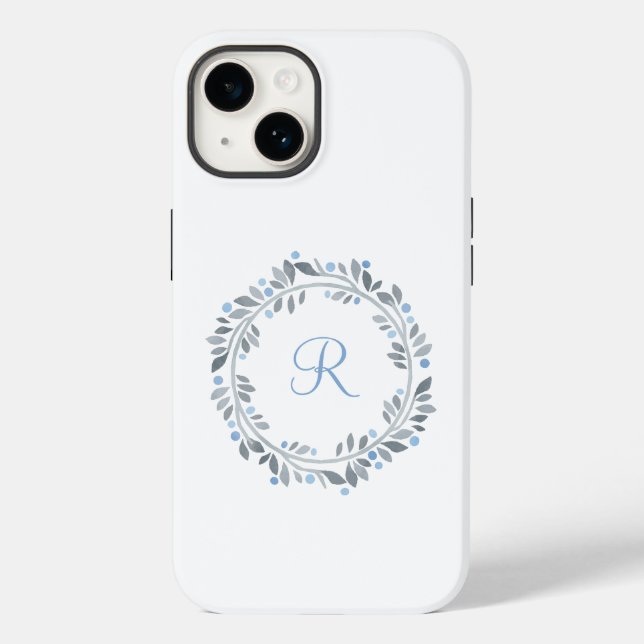Blauer grauer weißer Monogramm Blumenkranz Case-Mate iPhone 14 Hülle (Rückseite)