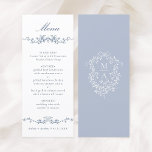 Blauer Grenzhochzeit Menükarte<br><div class="desc">Elegantes blühendes Hochzeitsmenü mit Blumenmotiven und Wappen auf der Rückseite. Für eine weiter gehende Anpassung dieses Designs klicken Sie bitte auf die Schaltfläche "DESIGN TOOL" oben!</div>