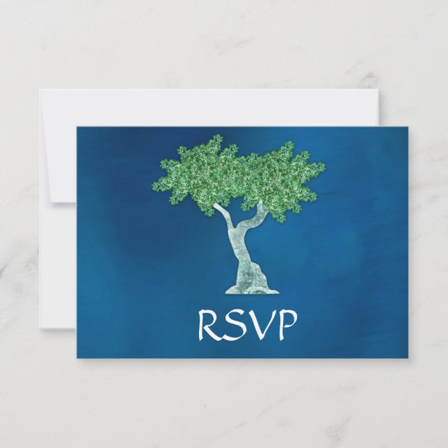 Blauer Grüner Baum des Lebens Bar Mitzvah UAWG RSVP Karte (Vorderseite)