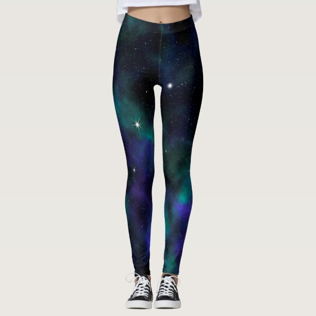 Blauer Grüner Galaxy Celestial Space Leggings (Vorderseite)