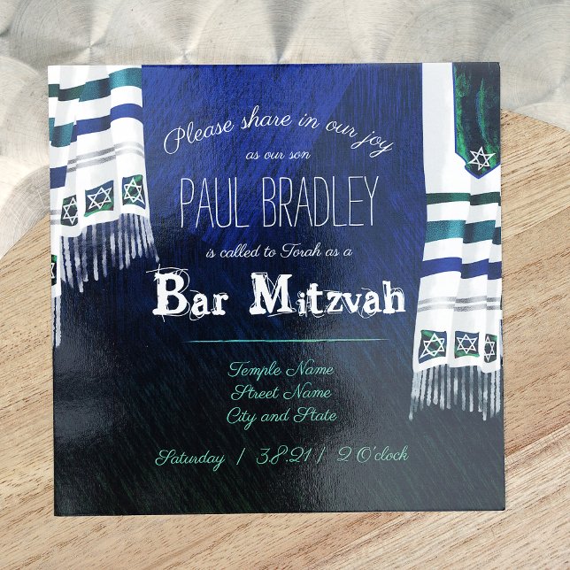Blauer, grüner Gebet Shawl Bar Mitzvah Einladung (Dark Blue and Teal Green Bar Mitzvah Invitation with Striped Silver Prayer Shawls, Tallit Design)