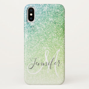 Blauer grüner Glitzer Blush Monogramm Name Case-Mate iPhone Hülle