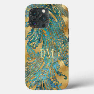 Blauer Grunge Swirl Monogramm auf Gold Case-Mate iPhone Hülle