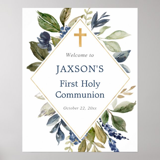 Blauer Grünpflanzen Taufe Begrüßungszeichen Poster (Vorne)