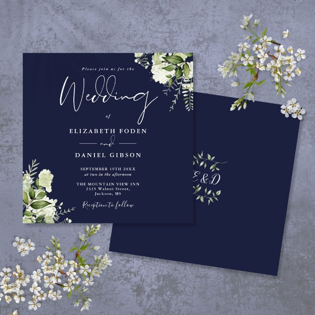 Blauer Grünstreifen, blumengeschmückte Monogram Sq Einladung (Navy Blue Greenery Floral Monogram Square Wedding Invitation)