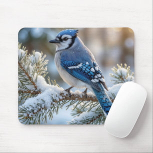 Blauer Häher auf einer schneebedeckten Kiefer sitz Mousepad