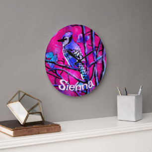 Blauer Häher-Vogel-Baumzweig Rosa Personalisiert  Große Wanduhr
