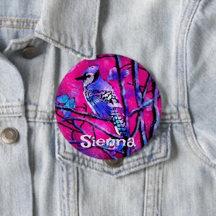 Blauer Häher-Vogelfeige Zweig Rosa Personalisiert Button