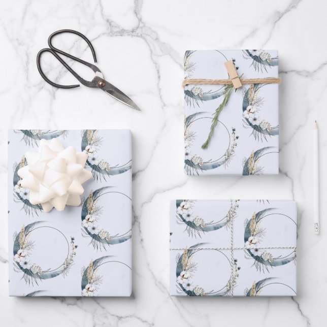Blauer Halbmond mit weißem Blume-Muster Geschenkpapier Set (Vorderseite)