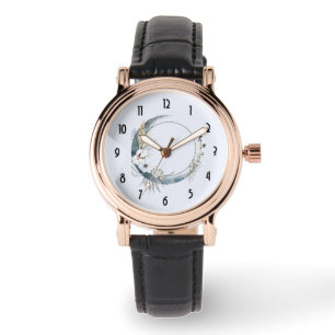 Blauer Halbmond mit weißen Blume Armbanduhr