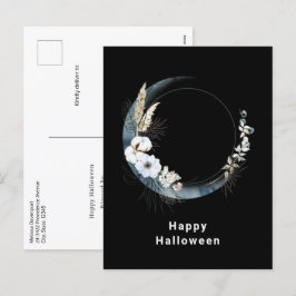 Blauer Halbmond mit weißen Blume Halloween Feiertagspostkarte